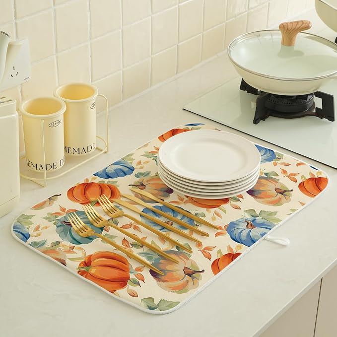 Fall Dish Drying Mat 18x24 Inch Burnt Orange Blue Green Pumpkin Leaves Drying - Image 4
