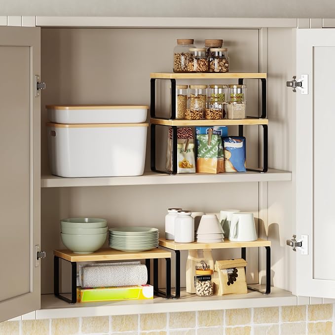 HOOBRO Cabinet Organizer Shelf, Expandable Kitchen Storage, Stackable Bamboo - Image 4