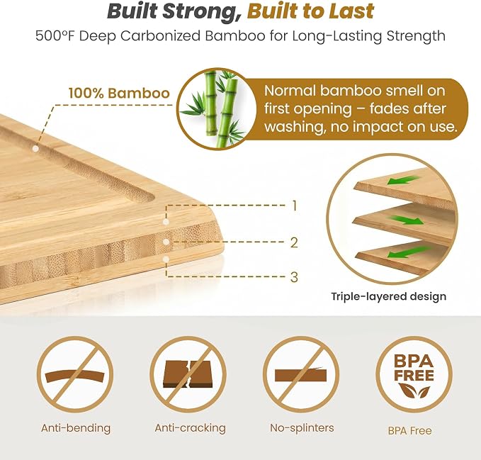 Bamboo Cutting Board Set of 3, Durable Wooden Chopping Boards - Image 2