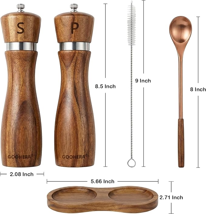 Premium Acacia Wood Salt & Pepper Grinder Set, 8-Inch Manual Mills - Image 3