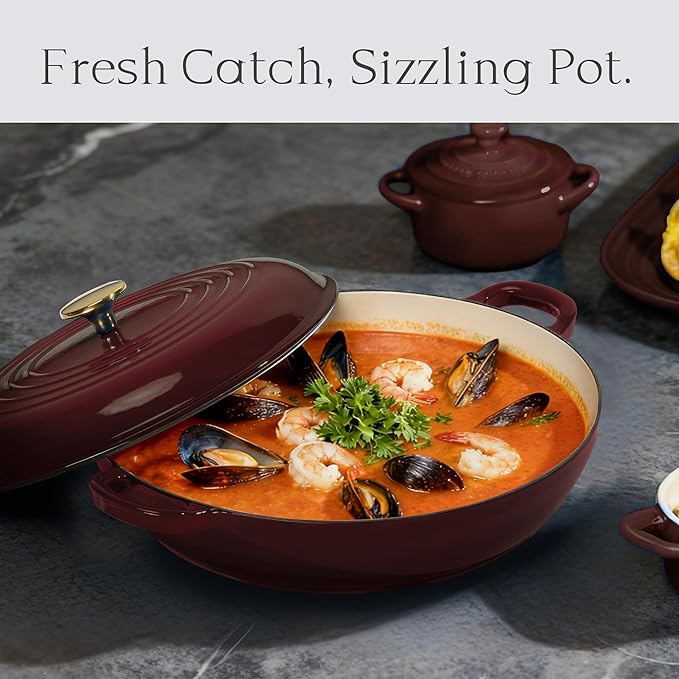 CAROTE 3.4QT Enameled Cast Iron Braiser Pan, Shallow Dutch Oven Casserole - Image 4