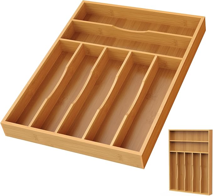 Bamboo Silverware Organizer, Bamboo Kitchen Drawer Cutlery Organizer, Utensil by Bayting
