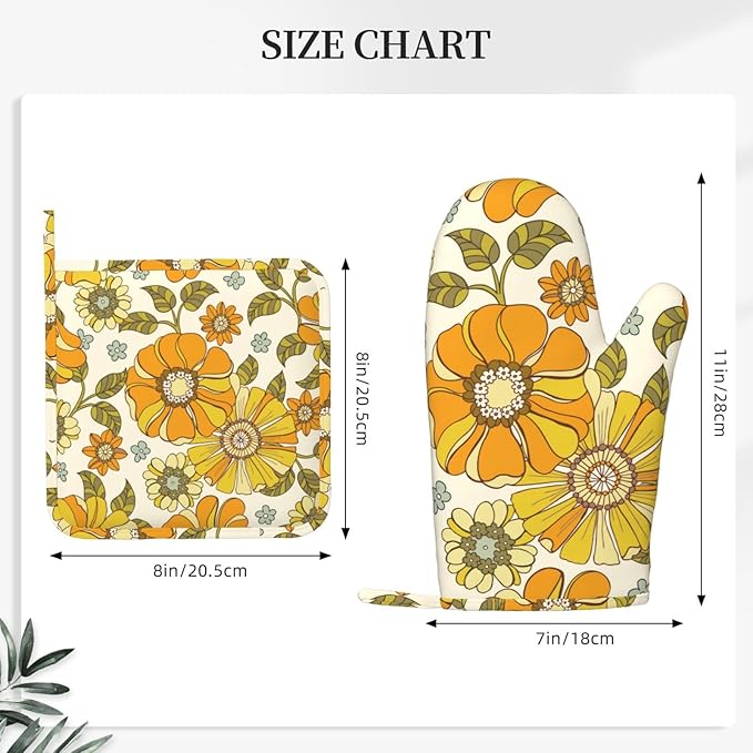 Retro 70s Style Flower Oven Mitts and Pot Holders Sets Silicone Kitchen Mitts - Image 3