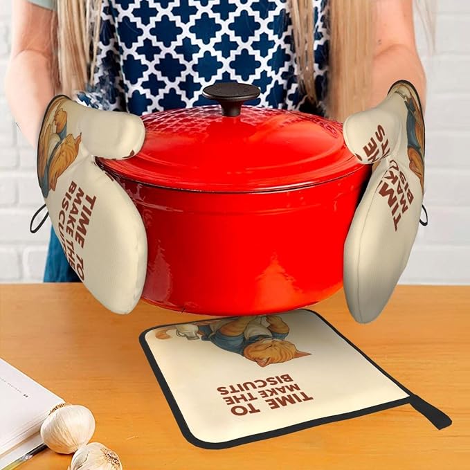 Cute Cat Oven Mitts and Pot Holder Set, Funny Heat Resistant Kitchen Gloves Hot - Image 3