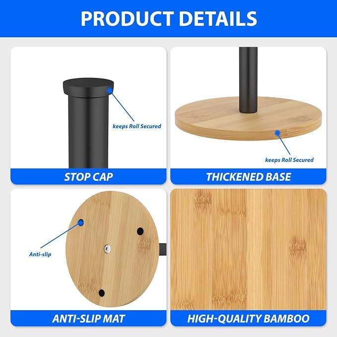 Wooden Paper Towel Holder Countertop, Non-Slip Base, Stainless Steel, - Image 3