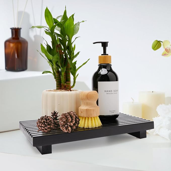 Renawe Black Bathroom Counter Tray Organizer Wood Riser Stand Kitchen - Image 5