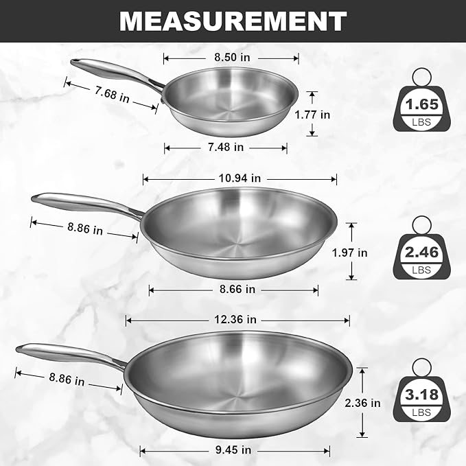 EWFEN Tri-Ply Stainless Steel Frying Pans Set, 8”/10”/12” Cooking pans - Image 2