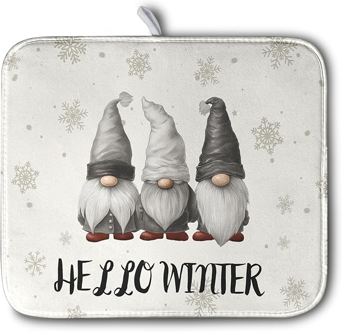 Winter Gnome Dish Drying Mat for Kitchen Counter 16x18 Christmas Snowflakes by Kwlegh