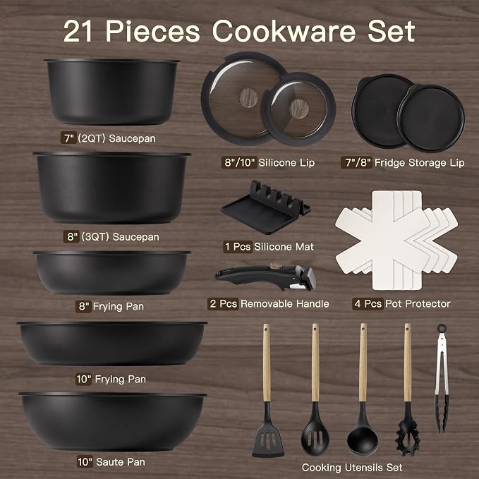 Astercook 21 Pcs Pots and Pans Set Non Stick, Ceramic Cookware Set Detachable - Image 9