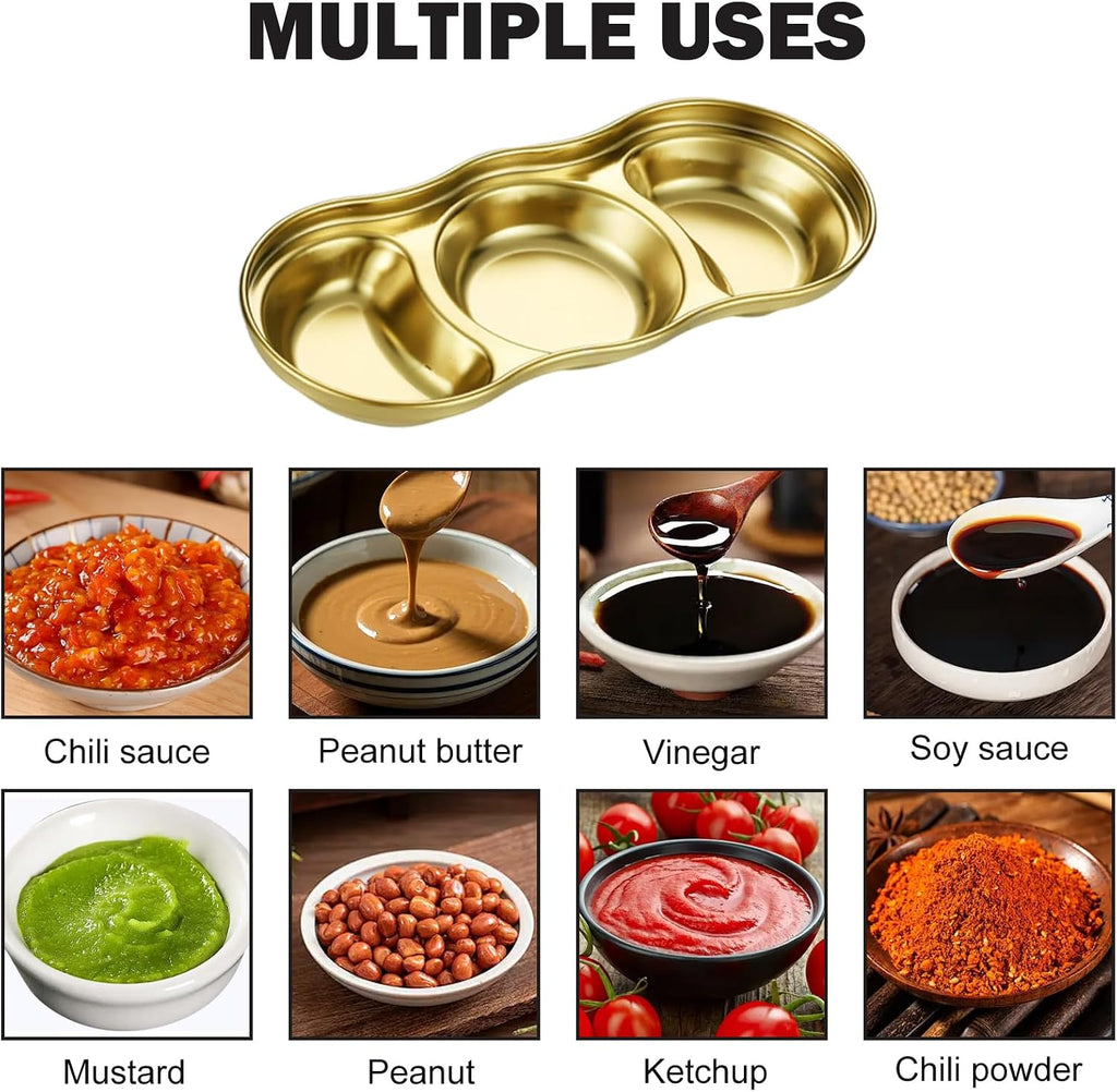 6 Pcs Soy Sauce Dish Stainless Steel 3 Compartment Korean Sauce Plate