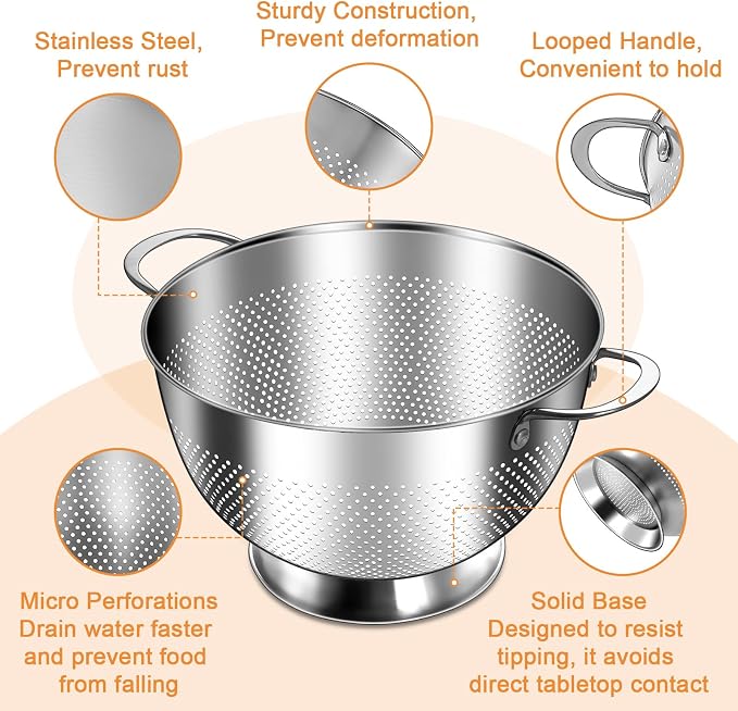 Stainless Steel Colander for Kitchen | 5 Quart Durable Rice and Pasta Strainer - Image 4