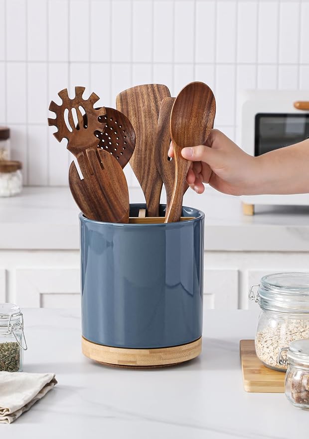 LoeJan 3 Compartment Utensil Holder, Extra Large Utensil Crock, Stable Ceramic - Image 6