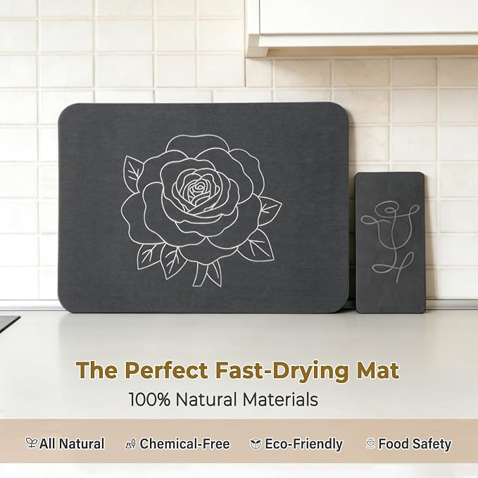 Stone Dish Drying Mat for Kitchen Counter, Glittery Resin Rose Pattern Quick - Image 5