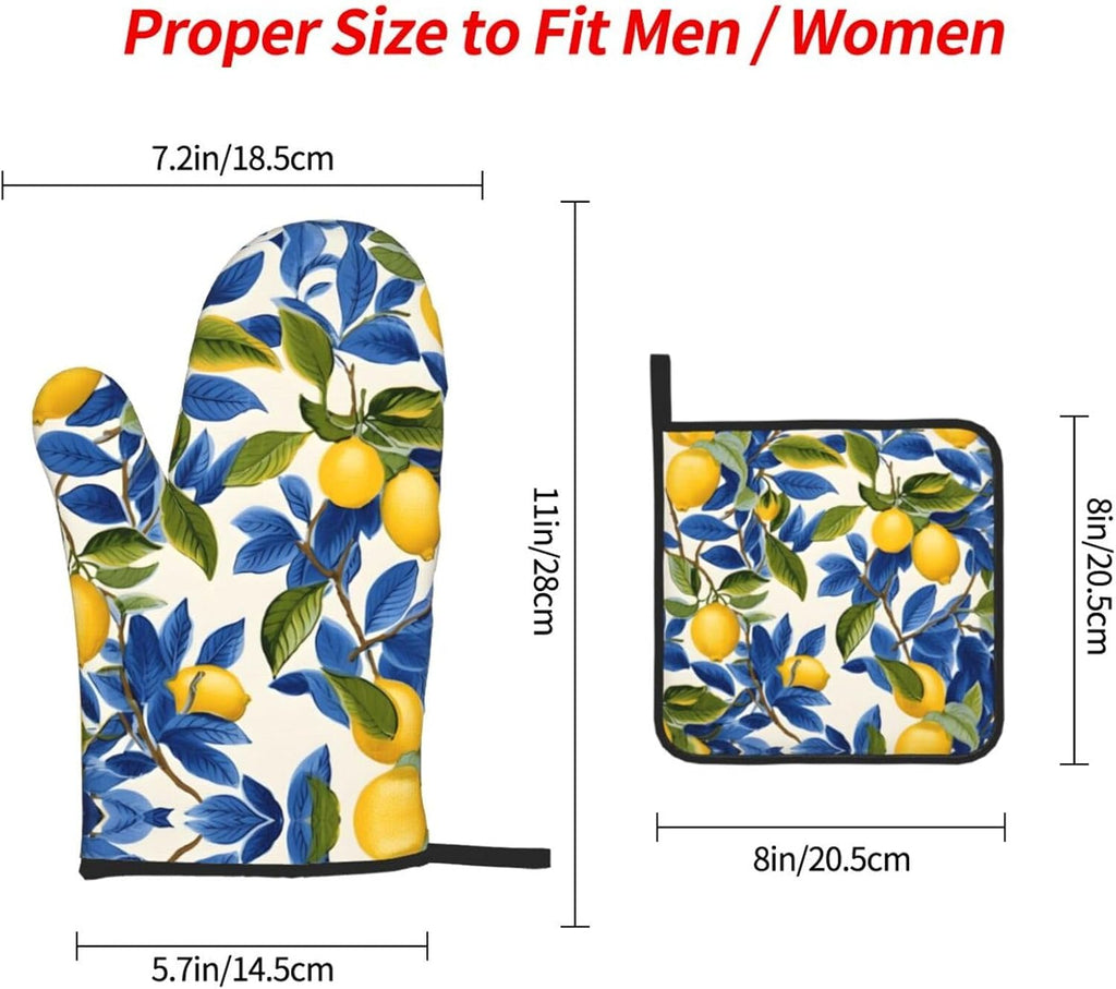Blue and Yellow Lemon Oven Mitts and Pot Holders Sets of 3 Heat
