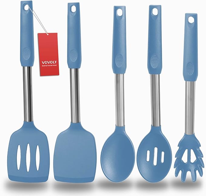 Silicone Spatula and Cooking Spoon, 5 Pack Solid & Slotted Spoons and Spatulas by VOVOLY