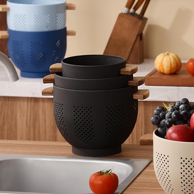 Metal Colander with Wood Handle and Stable Base, Powder Coated Steel Kitchen - Image 4