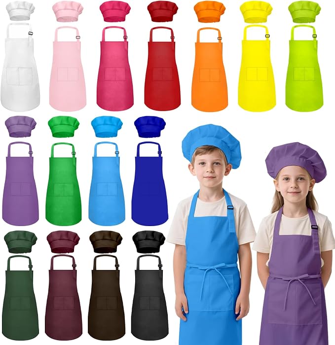 Kids Apron and Chef Hat Set, 30 Pieces Boys Girls Kids Apron by IAGBIBUI