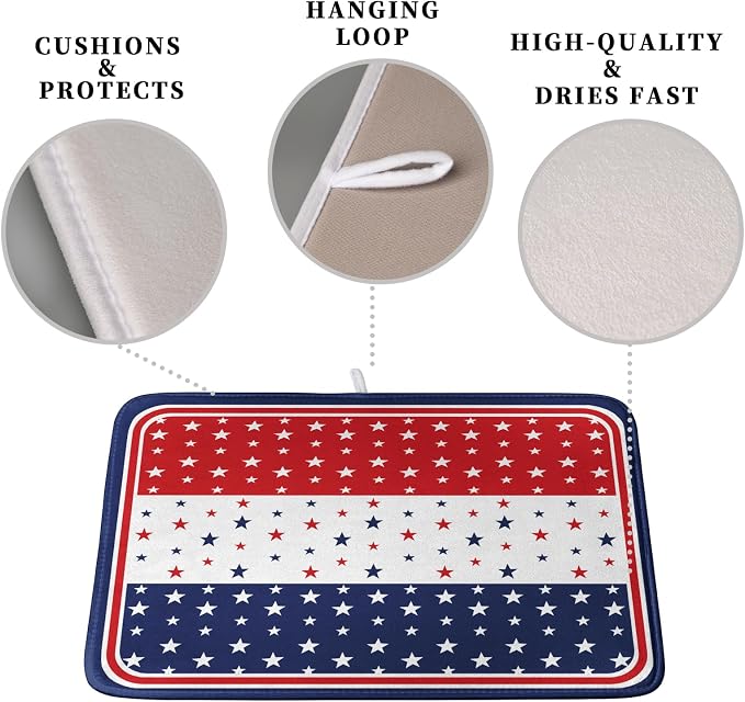 4th of July Dish Drying Mat for Kitchen Counter Patriotic Red White Blue Stars - Image 3