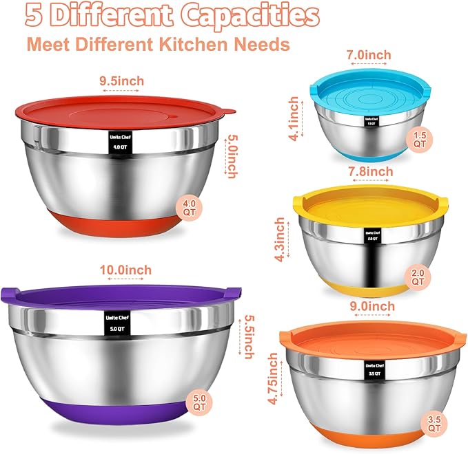 Umite Chef Mixing Bowls with Airtight Lids Set, 3 Grater Attachments & Non-Slip - Image 6
