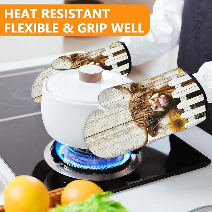 Sunflower Highland Cow Oven Mitts and Pot Holders Sets 4Pcs, Extra Long Oven - Image 6