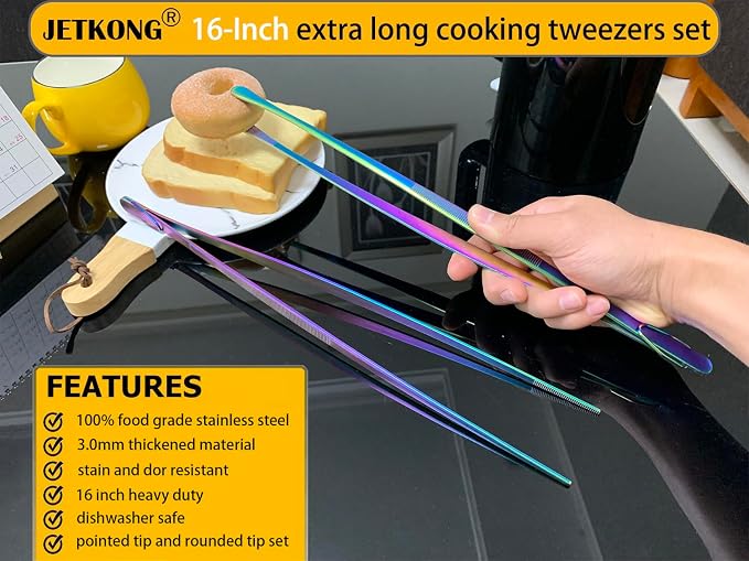 JETKONG 2 Pcs 16-Inch Stainless Steel Fine Tongs Extra Long Chopstick Tongs - Image 3