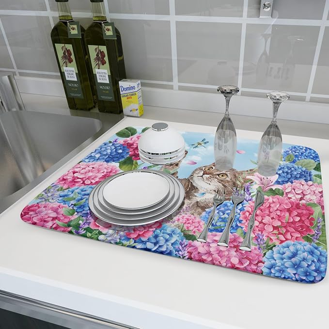 Cute Cat Dish Drying Mats for Kitchen Counter Hydrangea Floral Absorbent Drying - Image 6