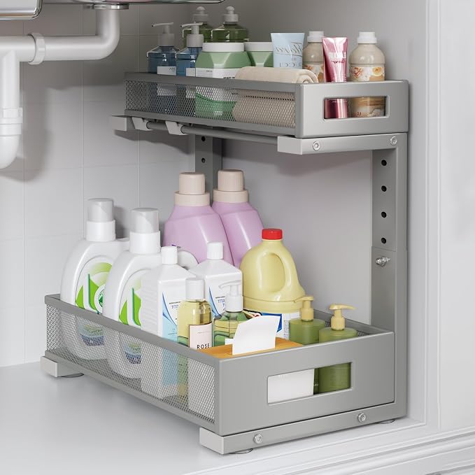 1 Pack-11.4"-16.14" H Under Sink Storage Organizer, Large 2-Tier Elegant Mesh by UnderSinkOrganizer