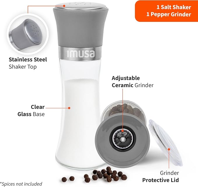 IMUSA Salt Shaker and Pepper Grinder Set – 2 Pack Glass Salt Shaker and Pepper - Image 2