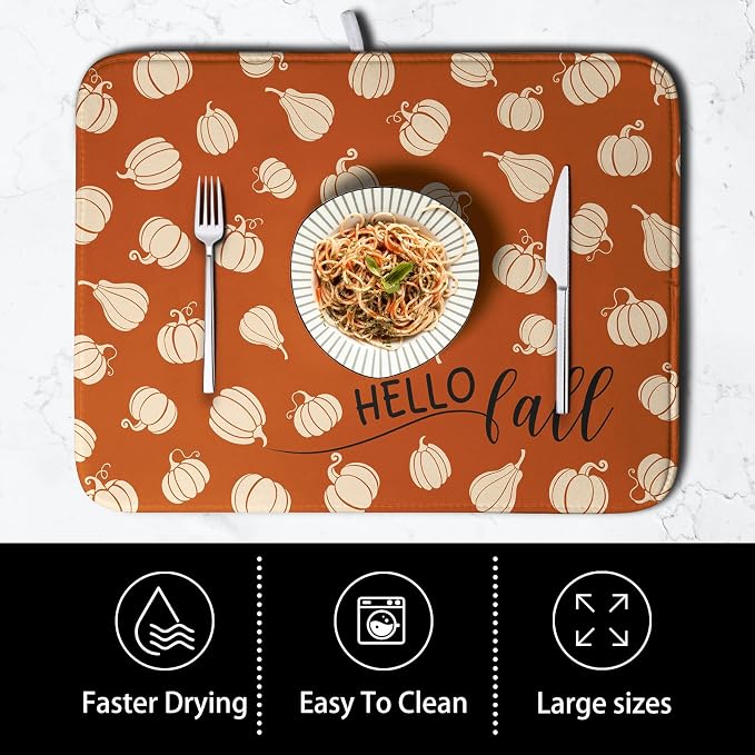 Hello Fall Drying Mat for Kitchen Counter Autumn Orange Pumpkin Dry Dish Mat - Image 4
