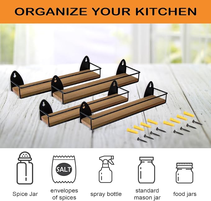 TJ.MOREE 4 Pack Spice Rack Wall Mounted Rustic Style Hanging Spice Organizer - Image 4