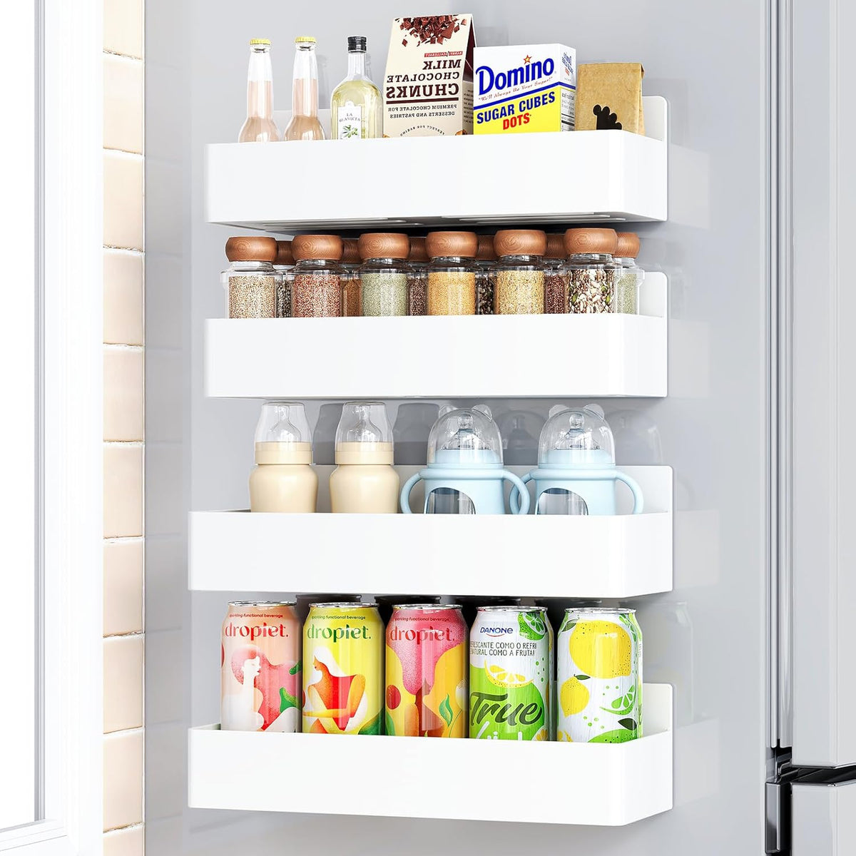 Magnetic Spice Rack for Refrigerator White, 4 Pack