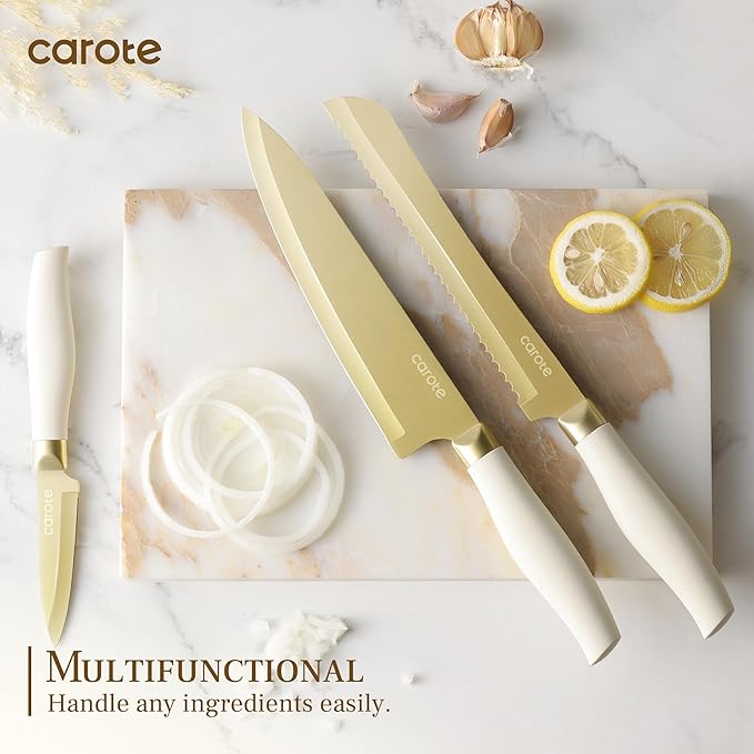 CAROTE 12PCS Kitchen Knife Set, Healthy Gold Titanium Coating Knife Set - Image 4