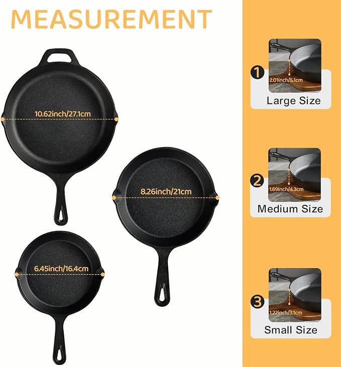 EWFEN Cast Iron Skillet 3-Piece Set, Heavy-Duty Professional Restaurant Chef - Image 3