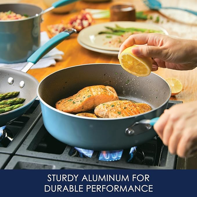Rachael Ray Cucina Nonstick Cookware Pots and Pans Set, 12 Piece, Agave Blue - Image 3