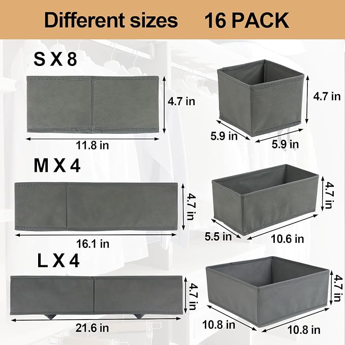 Fordonral 16 Pack Drawer Organizer Clothes, Foldable Fabric Dresser Organizer - Image 2