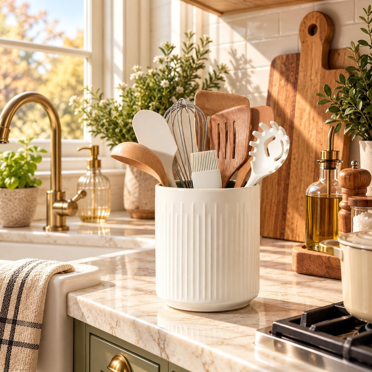 JIEMEI HOME Utensil Holder, 7.2" Large Ceramic Stable Utensil Crock