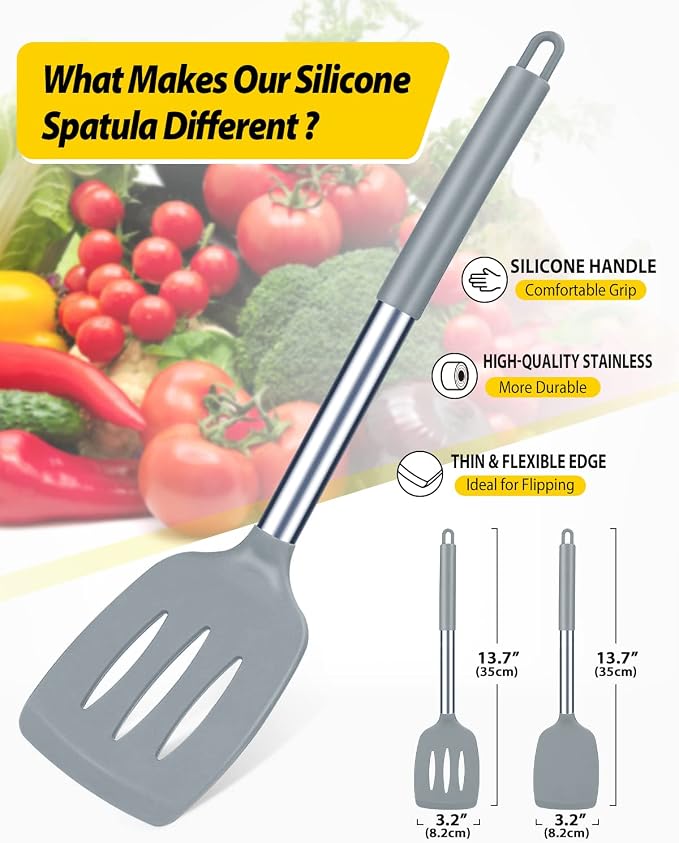 Pack of 2 Silicone Solid Turner, Non Stick Slotted Kitchen Spatulas, High Heat - Image 2