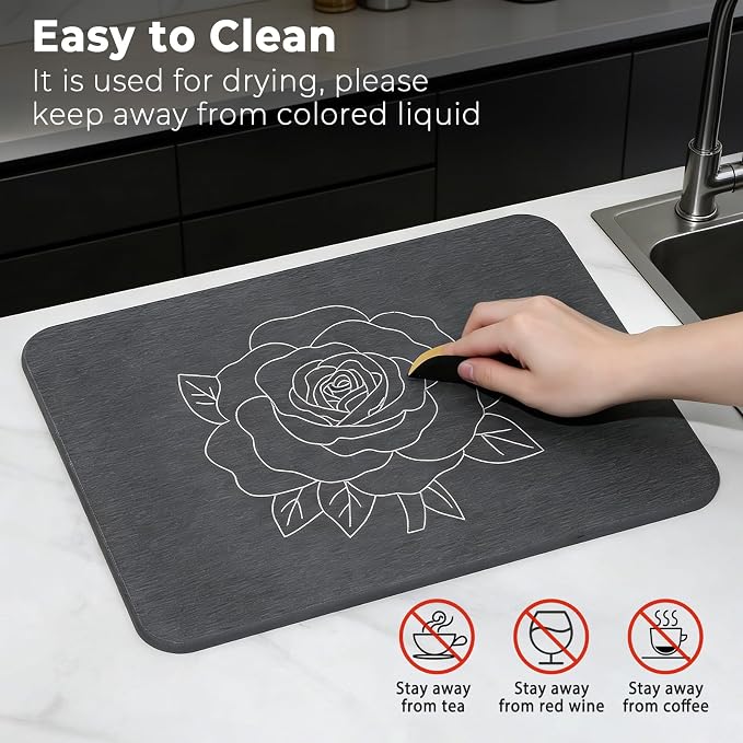 Stone Dish Drying Mat for Kitchen Counter, Glittery Resin Rose Pattern Quick - Image 6