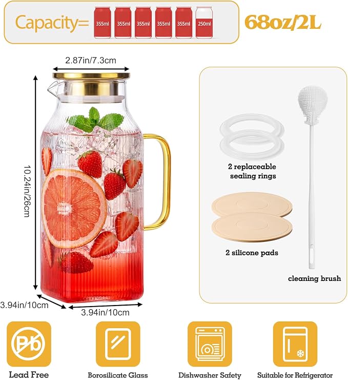 2 Pack 68oz/2 Liter Square Glass Pitcher - Image 2