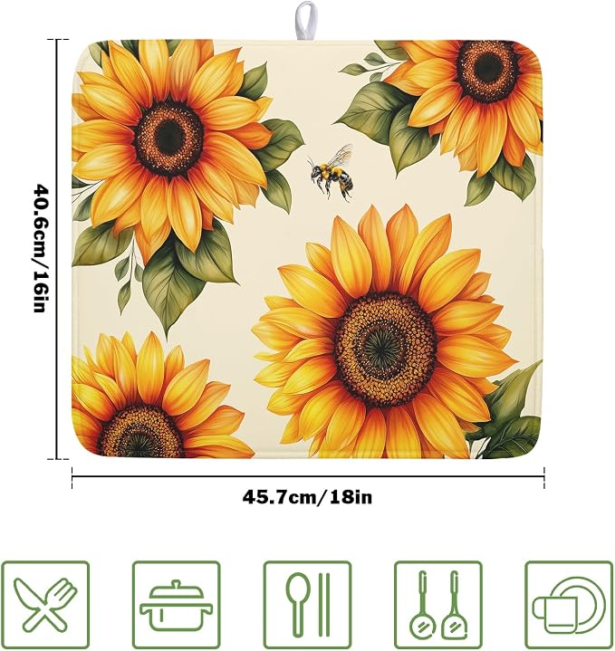 Spring Summer Dish Drying Mat 16x18 Inch Absorbent Reversible Sunflower Drying - Image 2