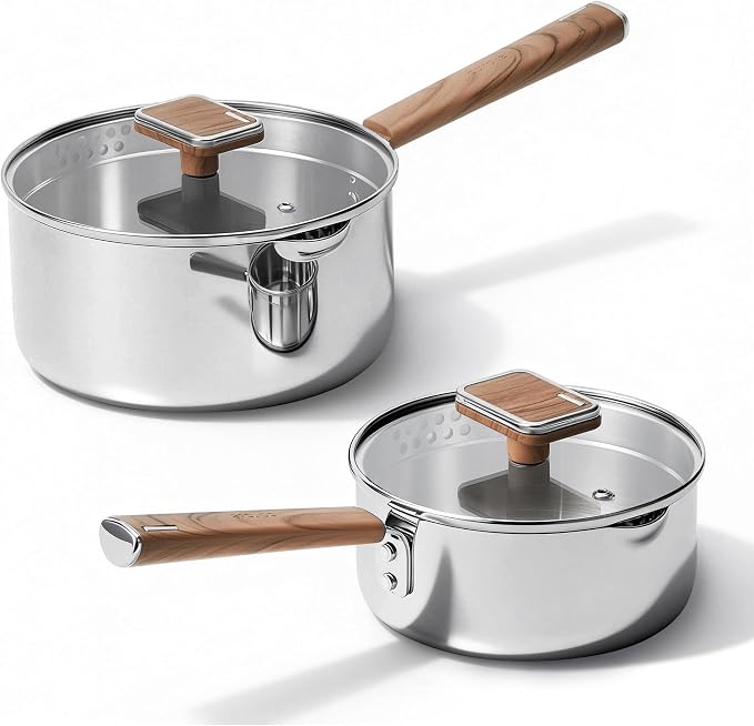 CAROTE1.5Qt & 3Qt Stainless Steel Saucepan Set, Triple Ply Stainless Steel Pot by CAROTE