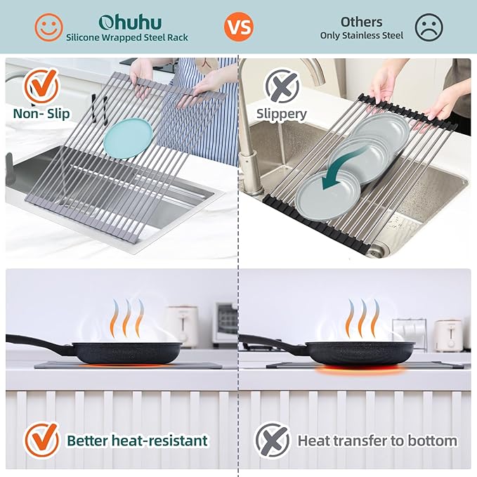 Ohuhu Sink Drying Rack, 20.5" W x 16.1" L Over The Sink Roll-Up Dish Drainer - Image 5