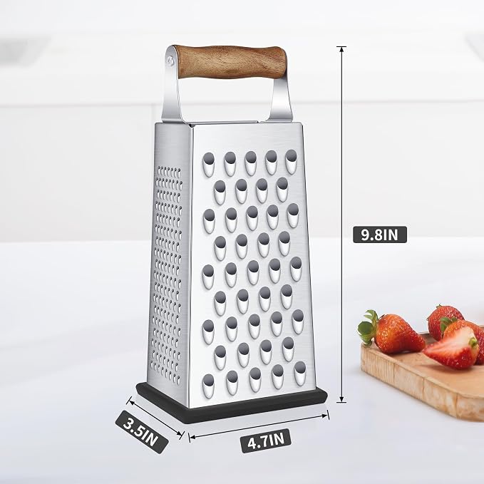 Cheese Grater with Wood Handle, Size 4-Sided Stainless Steel Box Grater - Image 2