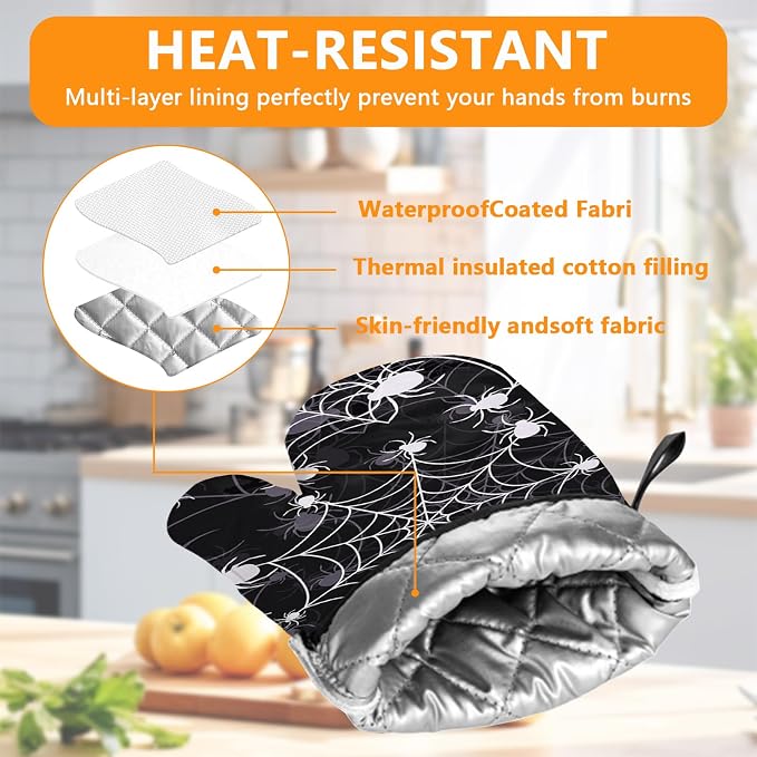 Spider Web Oven Mitts and Pot Holders Sets 4Pcs, Extra Long Oven Gloves - Image 3