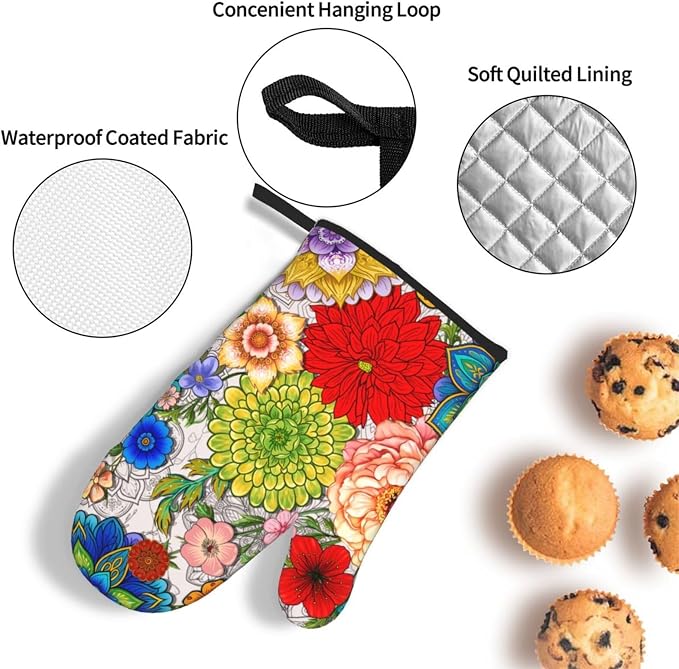 Boho Floral Oven Mitts and Pot Holders Set of 3, Cute Colorful Flowers Heat - Image 5