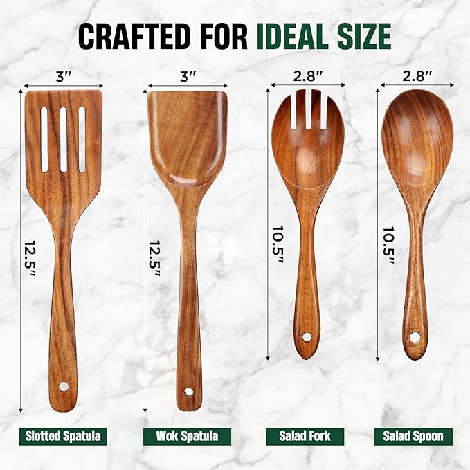Bkiok Wooden Spoons for Cooking, Natural Teak Wood Kitchen Utensils Set for - Image 4