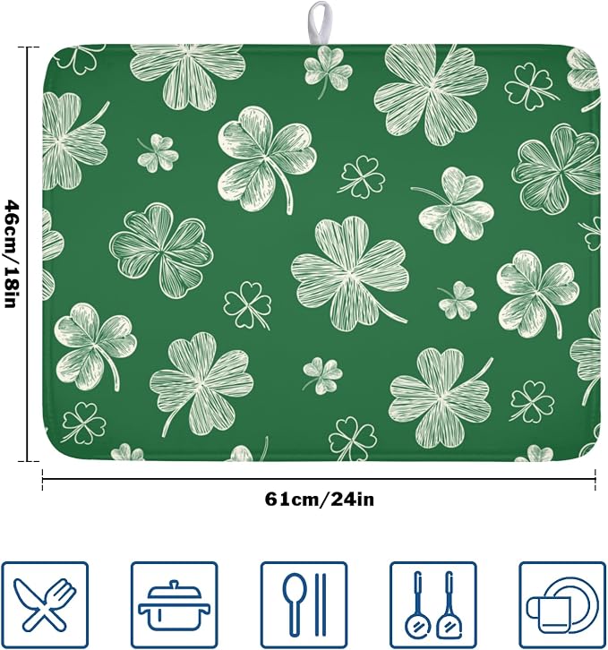 St Patrick's Day Dish Drying Mat 18 x 24 Inch Green Shamrock Dish Drainer Rack - Image 2
