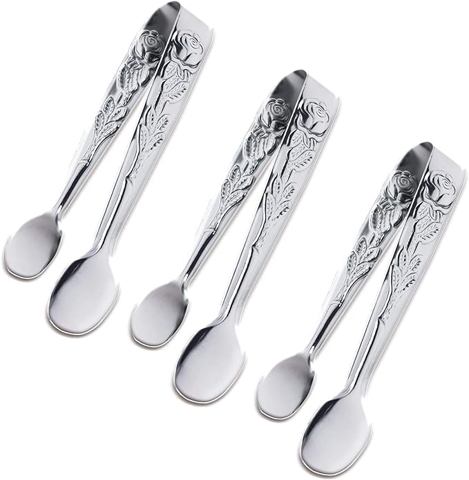 3PCS Mini Serving Tongs, 4Inch Rose Stainless Steel Sugar Cube Tongs, Sliver by Sunenlyst