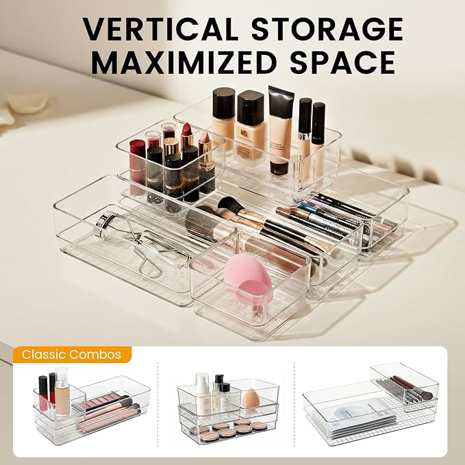 6 PCS Clear Plastic Drawer Organizer Set, 2 Sizes Acrylic Drawer Storage Trays - Image 5