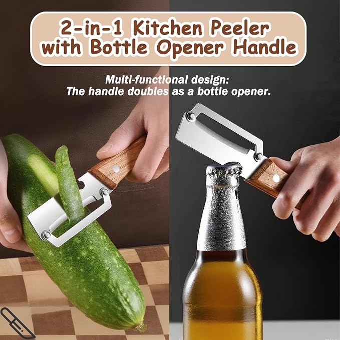 Premium Vegetable Peeler with Wooden Handle and Bottle Opener, Stainless Steel - Image 2